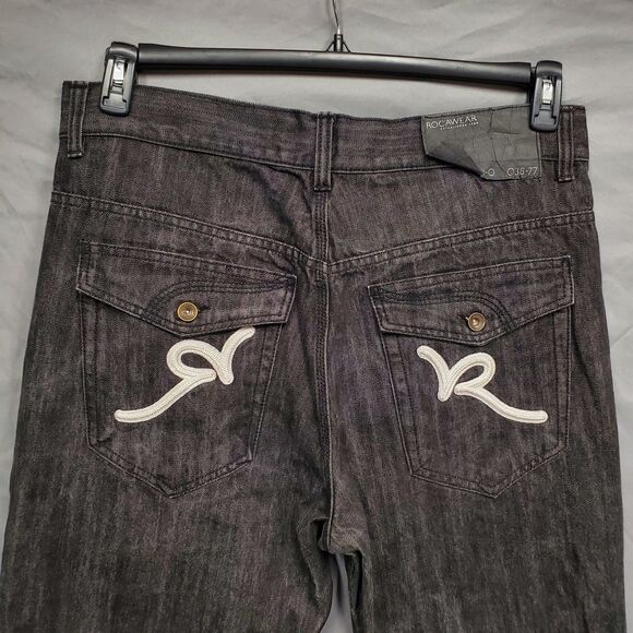 Rocawear Grunge Y2K Baggy Jeans 38 Black Streetwear Skate Wide Leg Denim - Picture 1 of 11